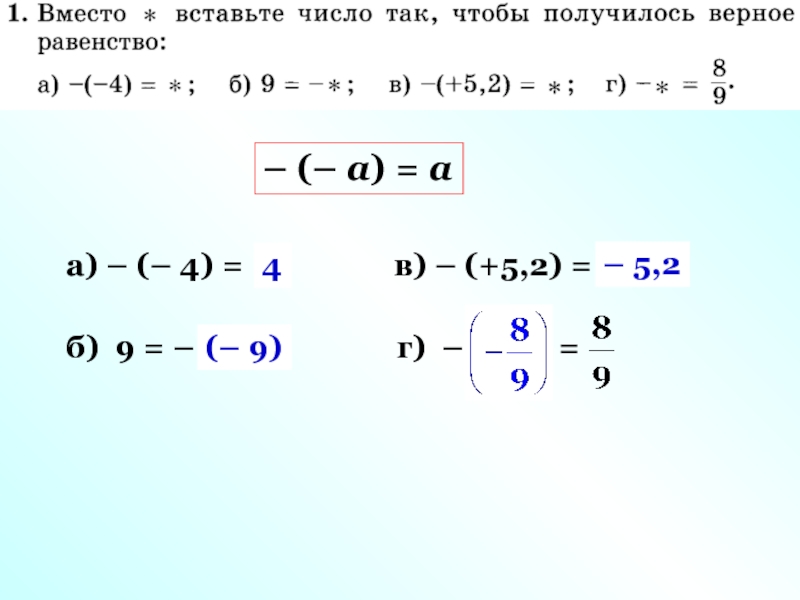 – (– а ) = а
а) – (– 4 ) =
*
б) 9 = –
*
4
(– 9 )
в) – (+5,2) =
*
– 5,2
г) – =
*
