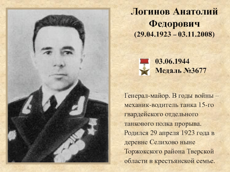 Логинов Анатолий Федорович
(29.04.1923 – 03.11.2008)
03.06.1944
Медаль