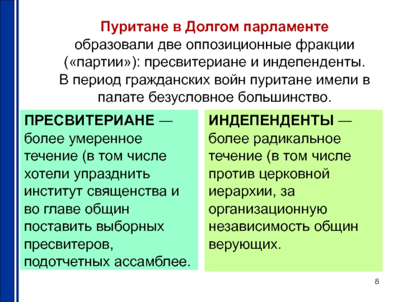 Связь между учением пуритан и образом жизни. Пресвитериане и индепенденты. Пуритане пресвитериане индепенденты. Общее между пресвитерианами и индепендентами. Пресвитериане индепенденты левеллеры.