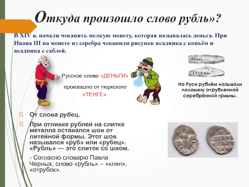 Что значит слово денег. Происхождение слова рубль. Рубль происхождение названия. Откуда произошло слово. Откуда произошло слово деньга.