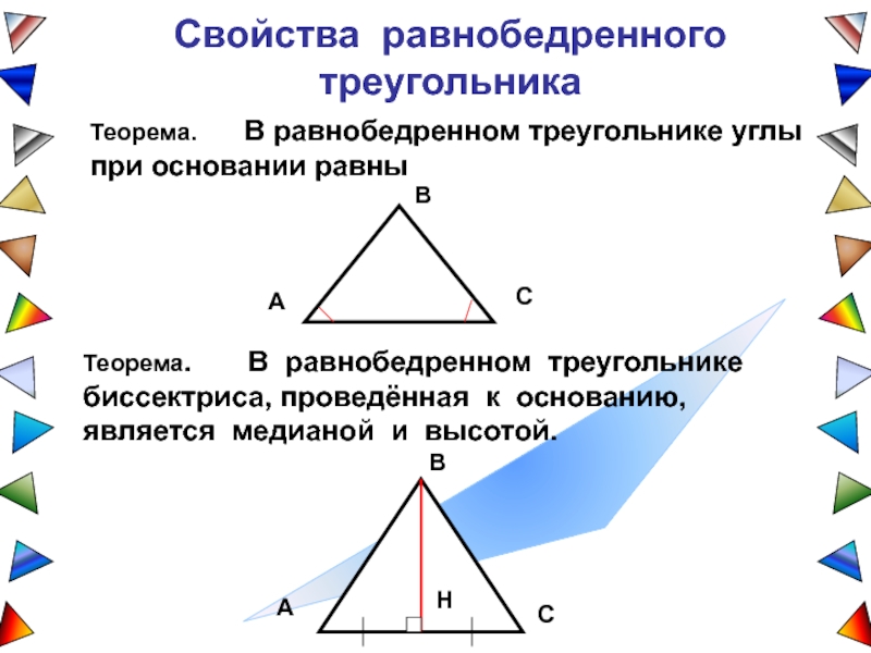Виды треугольников теорема. Первый признак равенства равнобедренных треугольников. Свойство углов равнобедренного треугольника. Углы равнобедренного треугольника. Свойство биссектрисы равнобедренного треугольника.