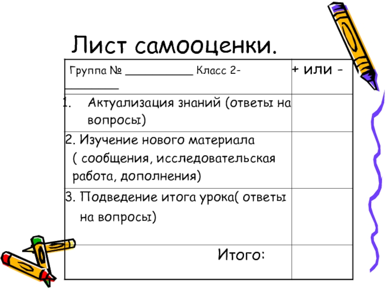 Лист самооценки ученика на уроке в начальной школе образец