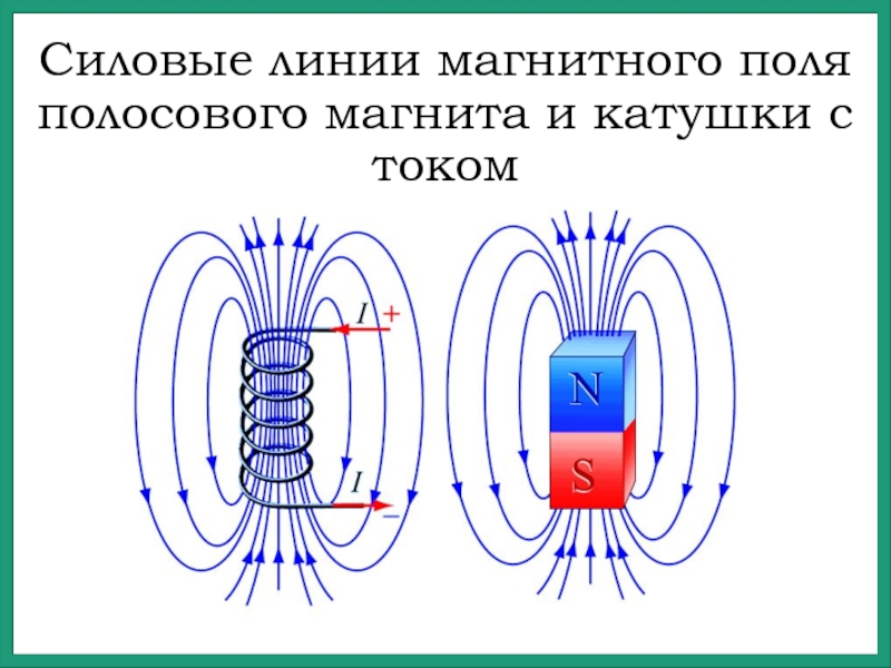 тСиловые линии магнитного поля полосового магнита и катушки с током