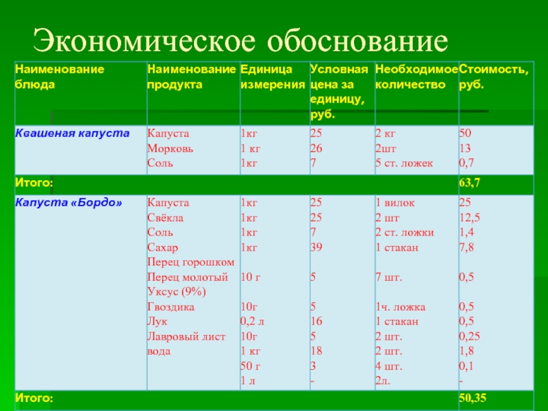 Экономическое обоснование проекта по технологии блины