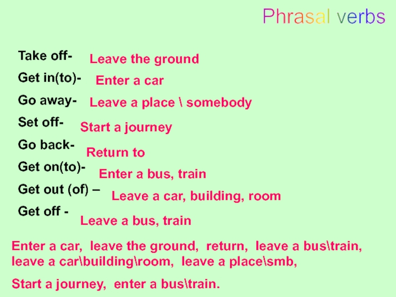 Phrasal verbsTake off-Get in(to)-Go away-Set off-Go back-Get on(to)-Get out (of) –Get off -Enter a car, leave the