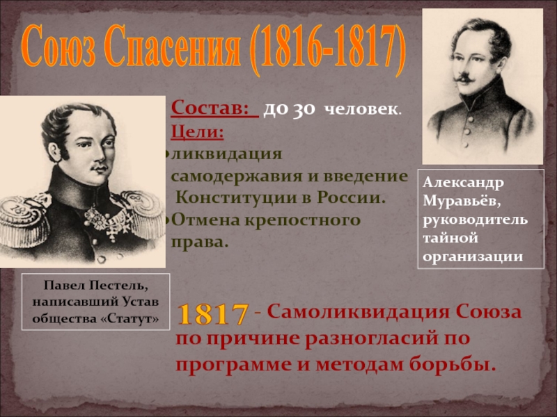 Союз спасения 1816 1817. Союз спасения 1816. Ликвидация самодержавия и крепостного права, Введение Конституции. Общественное движение при Александре i.