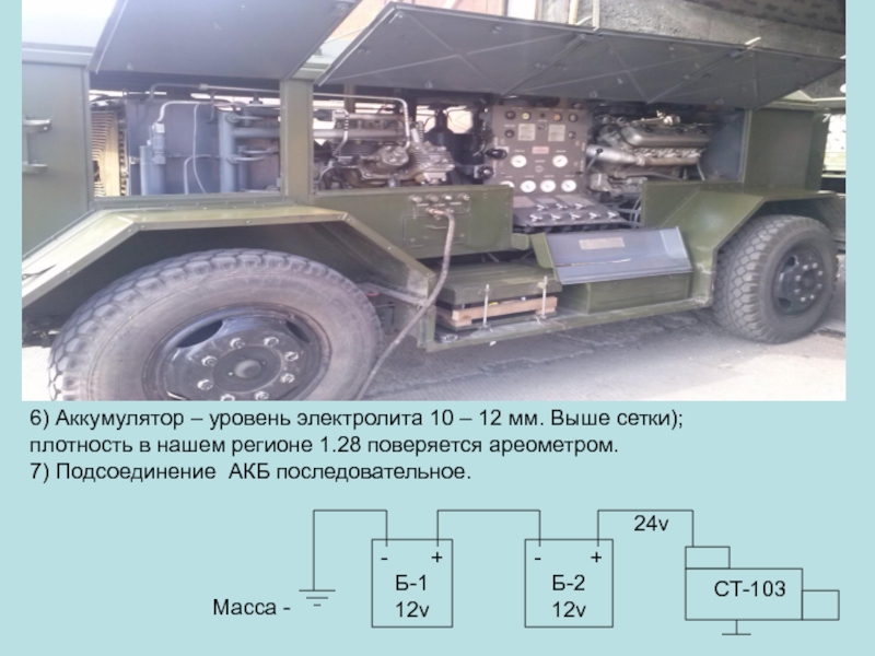 6) Аккумулятор – уровень электролита 10 – 12 мм. Выше сетки);плотность в нашем регионе 1.28 поверяется ареометром.7)