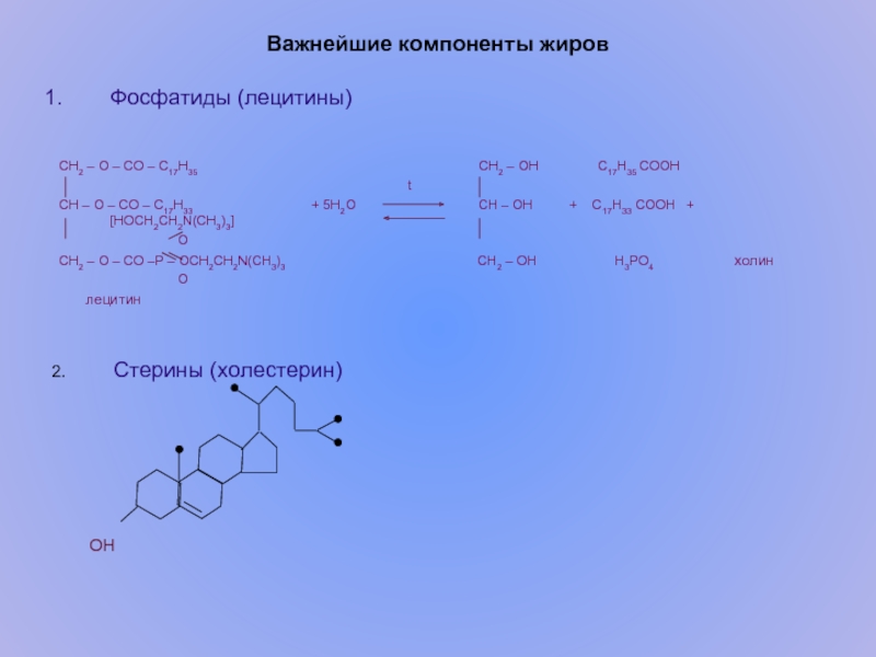 Важнейшие компоненты жировФосфатиды (лецитины) CH2 – O – CO – С17Н35