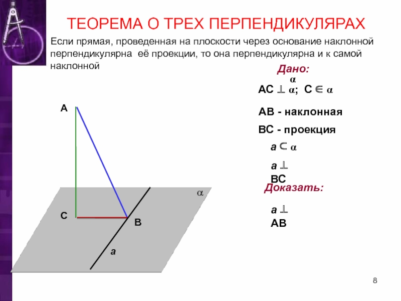 На рисунке к прямой а ас перпендикуляр вс наклонная ав наклонная вс перпендикуляр