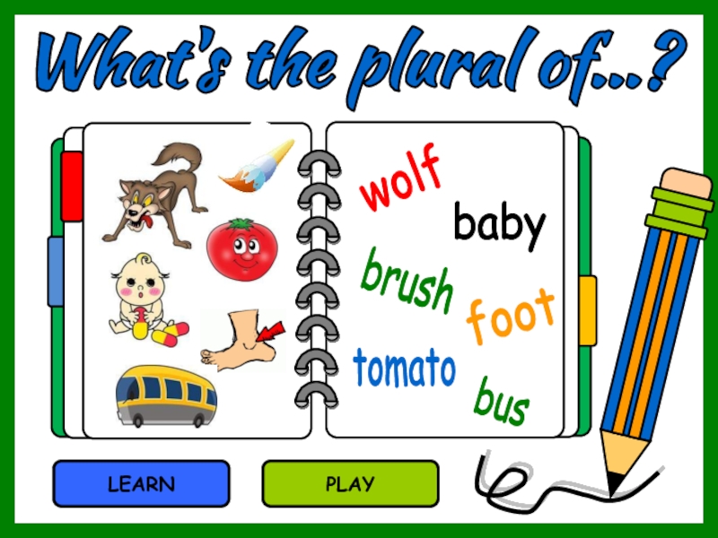 Презентация What's the plural of...?
LEARN
PLAY
wolf
baby
brush
foot
tomato
bus