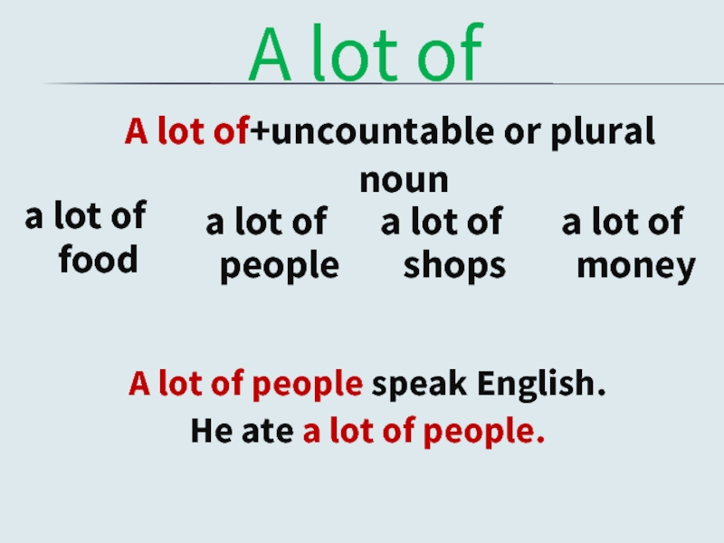 A lot ofA lot of+uncountable or plural nouna lot of fooda lot of peoplea lot of shopsa