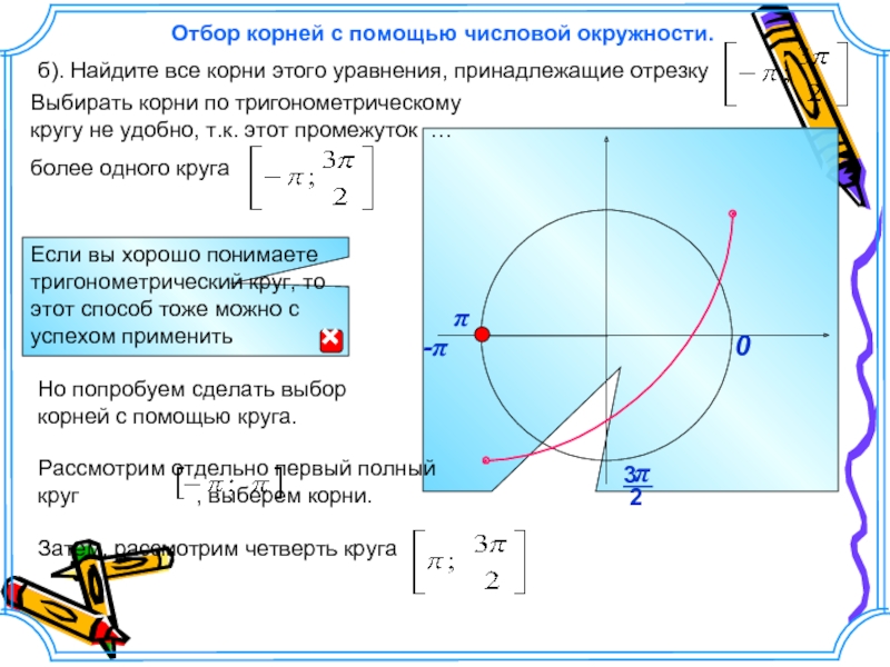 Найти все принадлежащие отрезку 0. Отбор корней с помощью окружности. Отбор корней на числовой окружности. Отбор с помощью числовой окружности. Отбор корней с помощью единичной окружности.