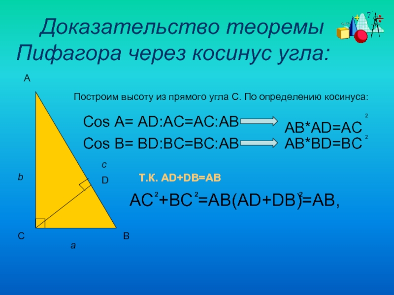 Пифагор подобие треугольников теорема. Доказательство теоремы Пифагора через косинус. Доказательство теоремы Пифагора через косинус угла. Доказательство теоремы ПИФ. Доказательство теоремы косинусов через теорему Пифагора.