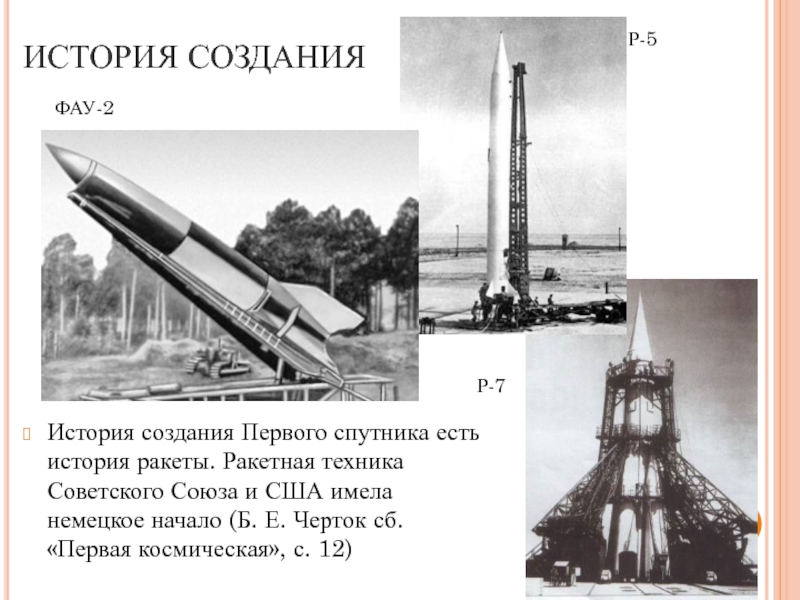 ИСТОРИЯ СОЗДАНИЯ	История создания Первого спутника есть история ракеты. Ракетная техника Советского Союза и США имела немецкое начало