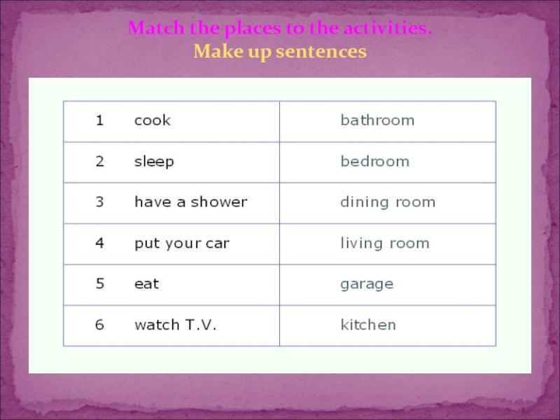 Make up sentences. Match the Parts to make activities. Make up sentences have they a Room. Make up sentences the Living Room. Make up sentences have they a Room good got.