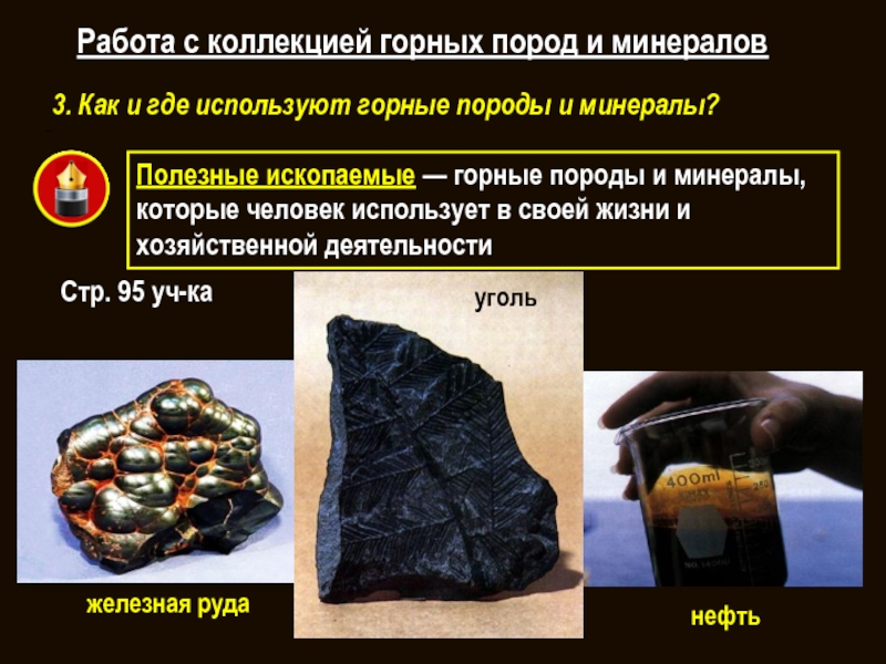 Полезные ископаемые — горные породы и минералы, которые человек использует в своей жизни и хозяйственной деятельности3. Как