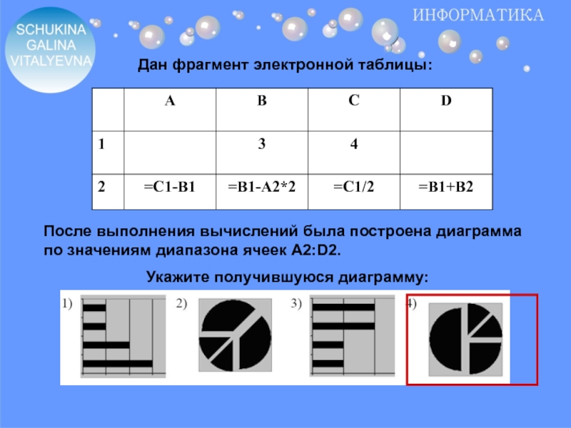 Для пользователя ячейка таблицы идентифицируется ответ. Lан фрагмент электронной таблицы:. Диаграмма по значениям диапазона ячеек. Диаграмма по значениям диапазона ячеек a2:d2.