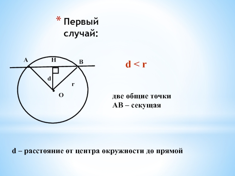 2 общие точки. Расположение центров окружностей. Отношение прямой к окружности. Расстояние от центра окружности до прямой. Расстояние от точки до центра окружности.