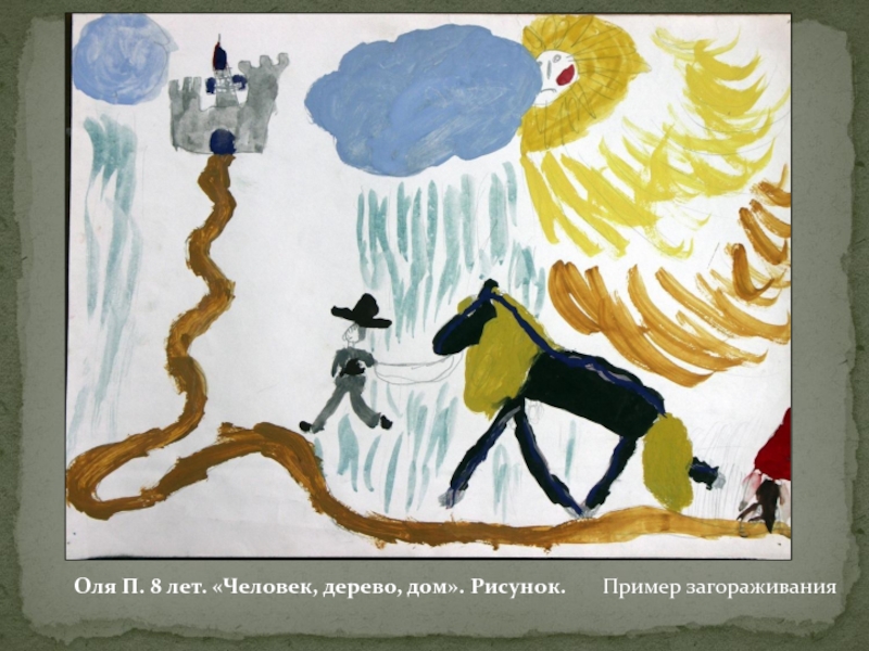 Оля П. 8 лет. «Человек, дерево, дом». Рисунок. Пример загораживания