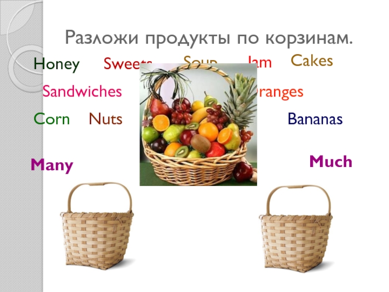 Продукты разложения. Разложи продукты по корзинам many much. Much many еда. Corn much или many. Many или much продукты.