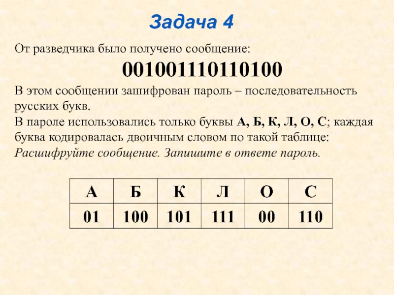 Кодирование последовательности букв. От разведчика было получено сообщение 001001110110100. 001001110110100 В этом сообщении зашифрован пароль. В этом сообщении зашифрован пароль последовательность русских букв. От разведчика была получена сообщение.