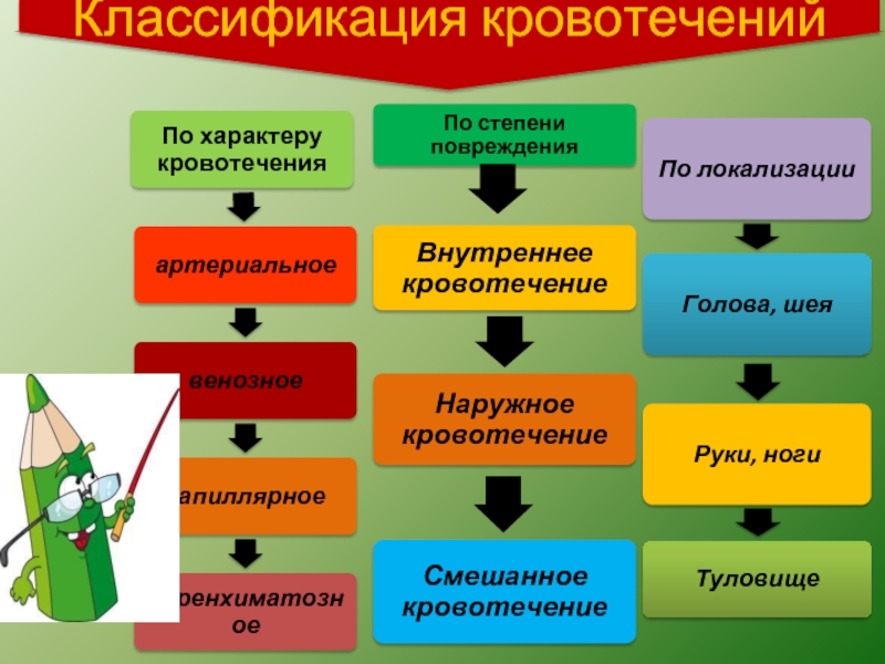 Какие признаки классификации кровотечений существуют закончите схему