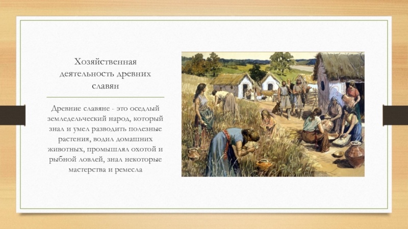 Хозяйственная деятельность древних славянДревние славяне - это оседлый земледельческий народ, который знал и умел разводить полезные растения,