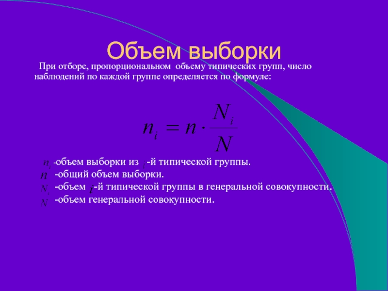 Объем выборки   При отборе, пропорциональном объему типических групп, число наблюдений по каждой группе определяется по