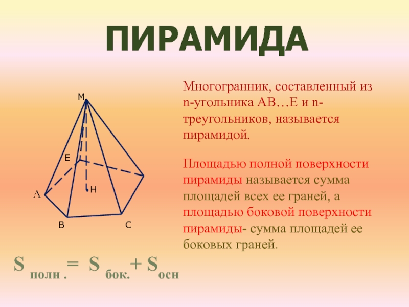 ПИРАМИДАМногогранник, составленный из n-угольника АB…E и n-треугольников, называется пирамидой.Площадью полной поверхности пирамиды называется сумма площадей всех ее
