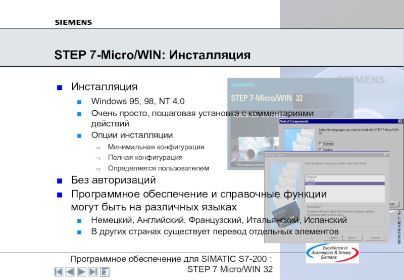 STEP 7-Micro/WIN: Инсталляция ИнсталляцияWindows 95, 98, NT 4.0Очень просто, пошаговая установка с комментариями действийОпции инсталляцииМинимальная конфигурацияПолная конфигурацияОпределяется