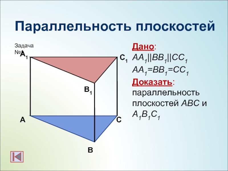 Параллельность плоскостейДано: АА1||BB1||CC1  АА1=BB1=CC1Доказать: параллельность плоскостей АBC и А1B1C1 АС1ВА1СВ1Задача №1