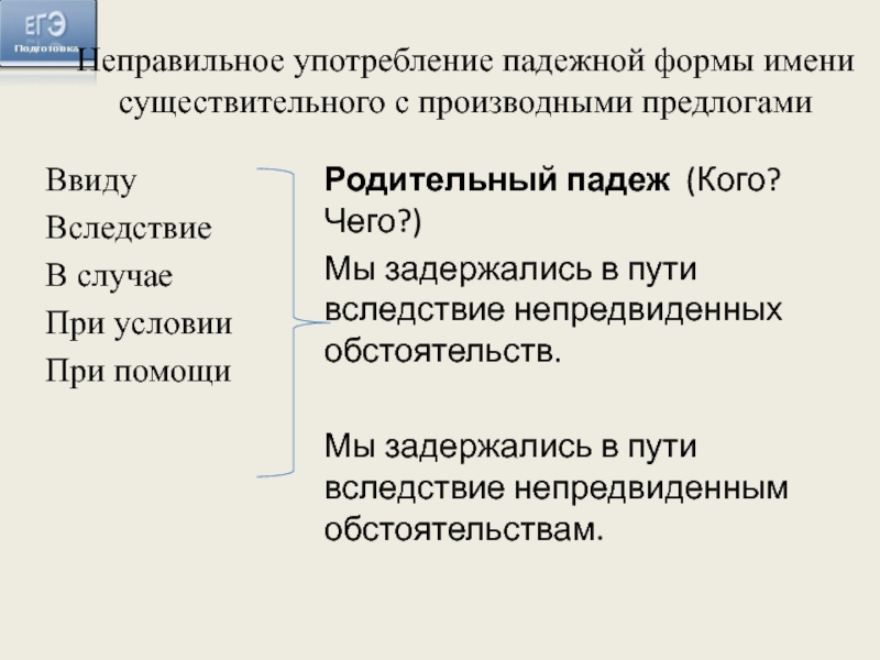 Неправильное употребление падежной формы имени существительного с производными предлогами  ВвидуВследствиеВ случаеПри условииПри помощиРодительный