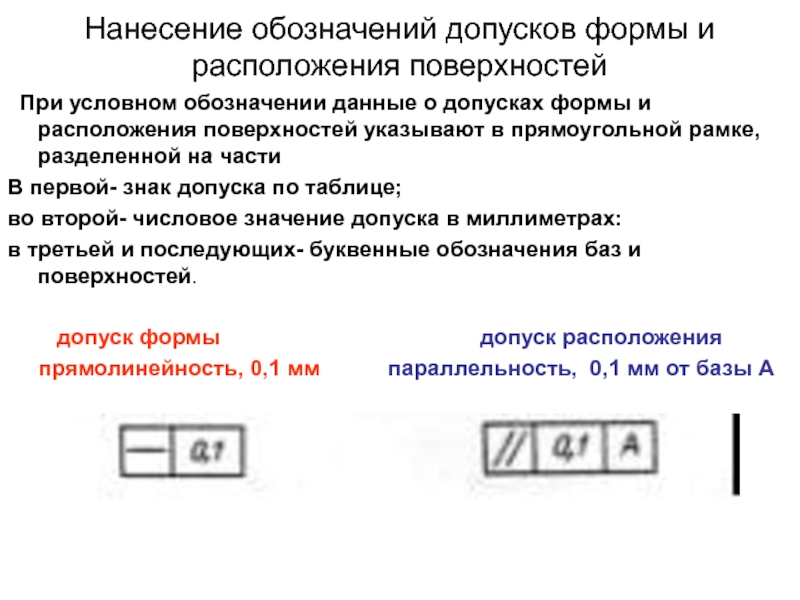 Обозначение допусков. Нанесение обозначений допусков. Расшифруйте условное обозначение допуска. Нанесение и обозначение допусков формы и расположения. Рамка допуска формы.