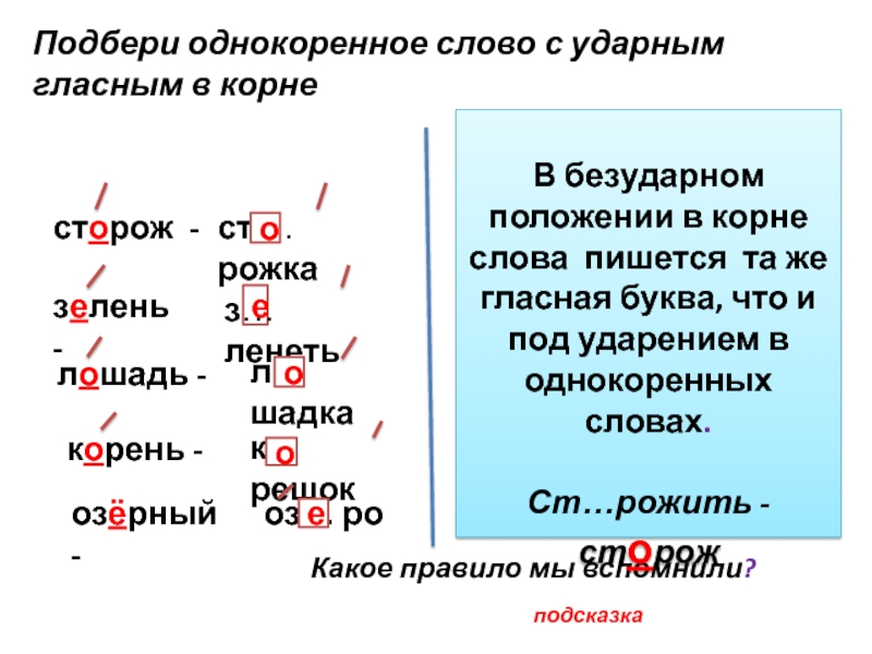 Подберете корень. Однокоренные слова с безударной гласной в корне.