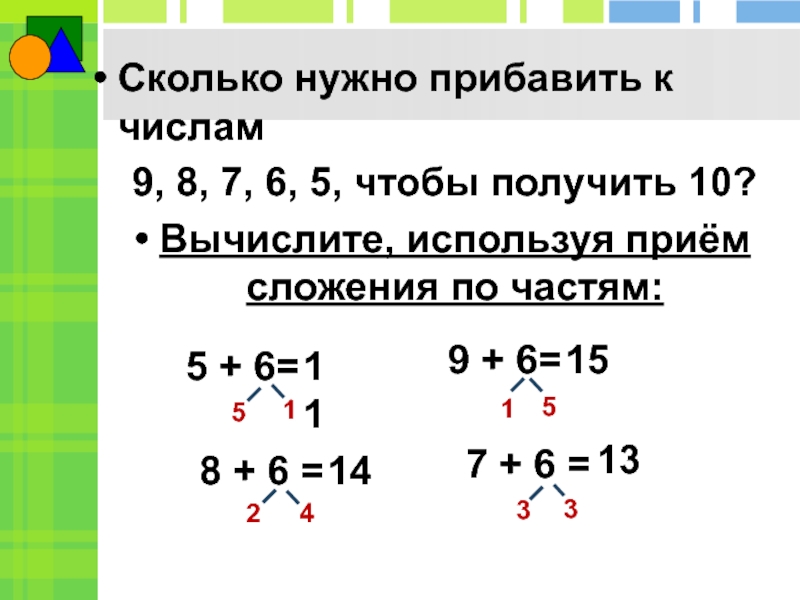 Добавить 5 к числу. Прибавление числа 6. Сложение по частям. Прибавление к 9 числа 6. Прибавление к 8 числа 6.