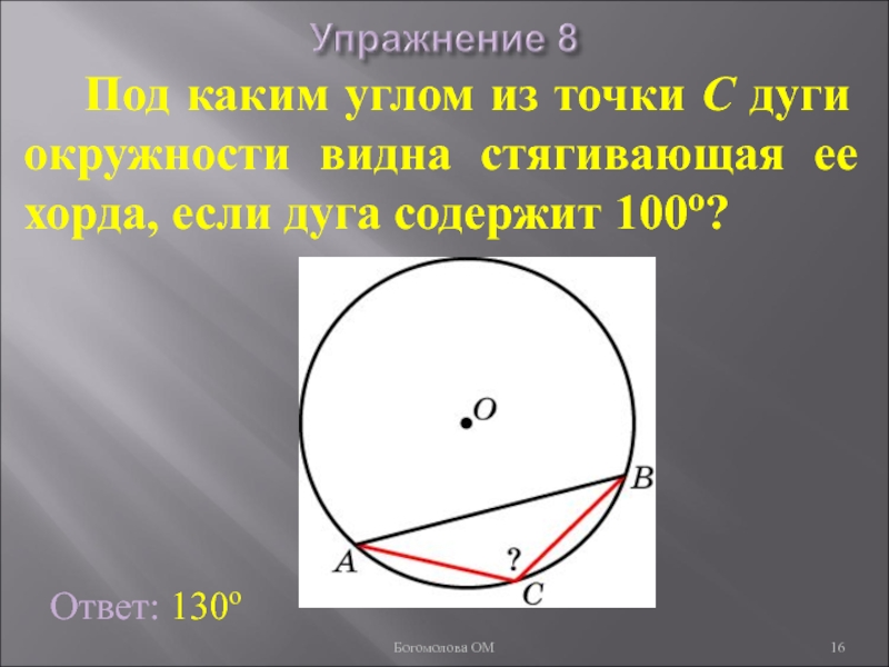 Хорда стягивает дугу. Угол стягивающий дугу окружности. Под каким углом из точки дуги видна стягивающая ее хорда. Под каким углом видна хорда.