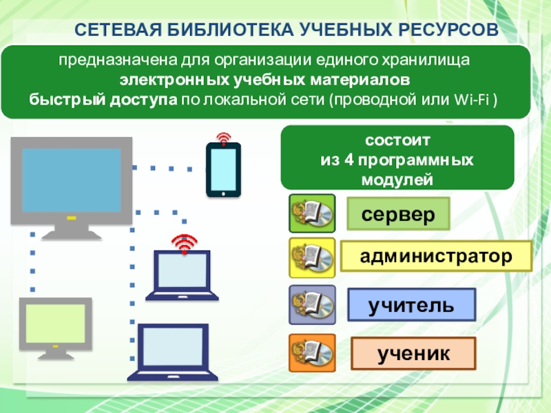 СЕТЕВАЯ БИБЛИОТЕКА УЧЕБНЫХ РЕСУРСОВпредназначена для организации единого хранилищаэлектронных учебных материалов быстрый доступа по локальной сети (проводной или