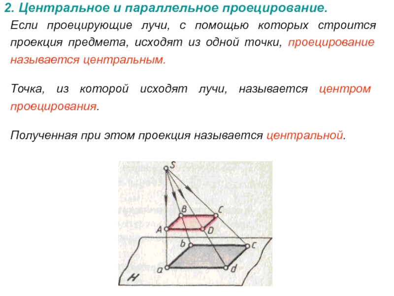 Центральное проецирование показано на чертеже