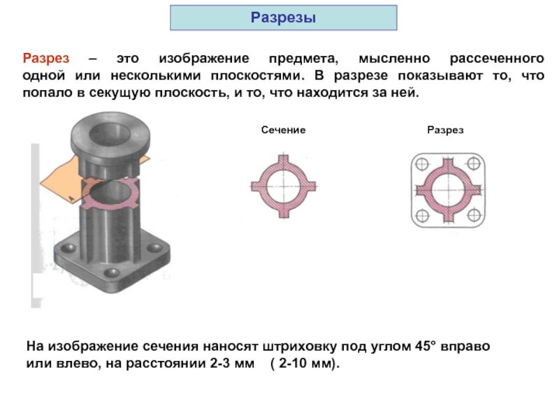 Разрез это. Разрез. Разрез это изображение предмета. В разрезе на чертеже изображают то что попало в секущую плоскость. Изображение разреза.