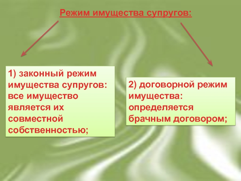 Законным имуществом супругов является. 2 Режима имущества супругов. Видами режимов имущества супругов являются. Режим имущества супругов презентация. Договорной режим имущества определяется:.