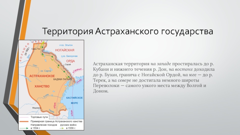 Территория Астраханского государстваАстраханская территория на западе простиралась до р. Кубани и нижнего течения р. Дон, на востоке доходила до р. Бузан,