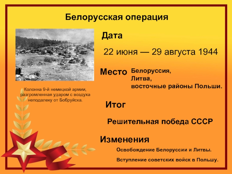 Белорусская операция Колонна 9-й немецкой армии, разгромленная ударом с воздуха неподалеку от Бобруйска.Дата Место Итог Изменения 22 июня — 29 августа 1944