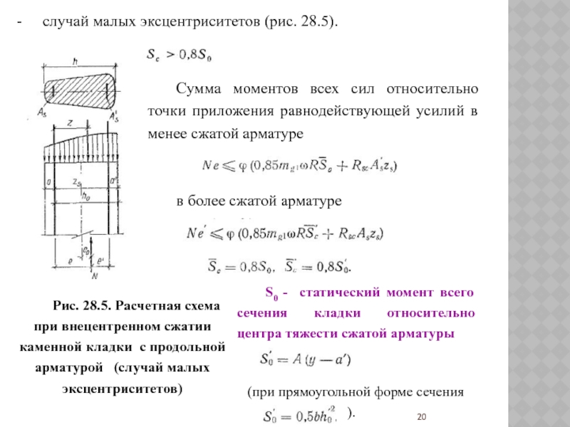 Малый случай. Расчётная схема малых эксцентриситетов бетон. Расчетная схема с эксцентриситетом. Расчётная схема внецентренного сжатия. Формула внецентренного сжатия каменной кладки.