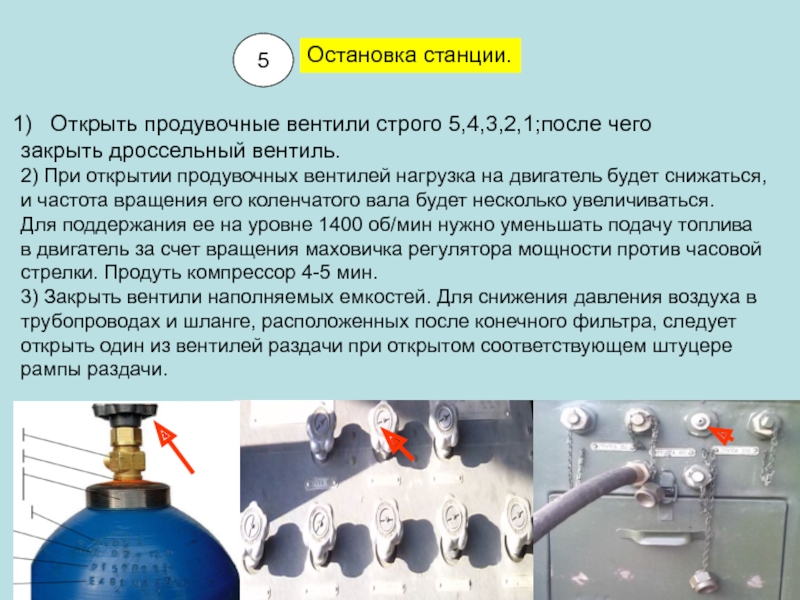 5Остановка станции.Открыть продувочные вентили строго 5,4,3,2,1;после чего закрыть дроссельный вентиль.2) При открытии продувочных вентилей нагрузка на двигатель