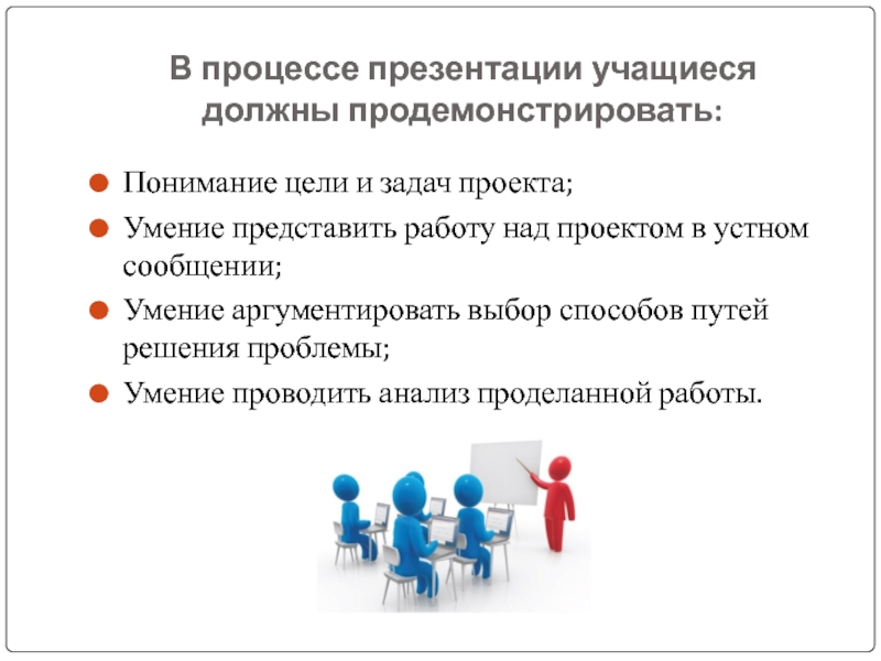 Представить работу. "В процессе презентации учащиеся должны продемонстрировать". Презентация на учусь следовать проекту. В результате над работы проекта ученики должны решить проблему. Продемонстрирую как.