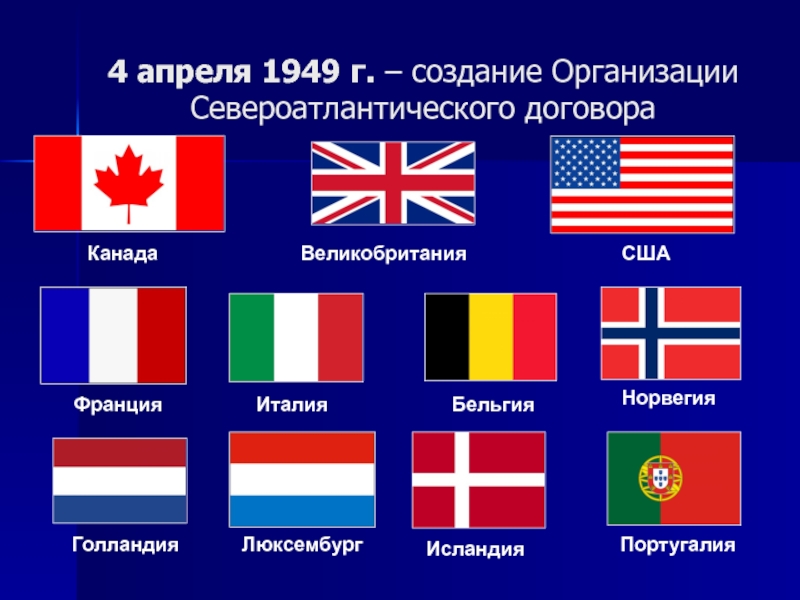 4 апреля 1949 г. – создание Организации Североатлантического договораКанадаВеликобританияСШАФранцияИталияБельгияИсландияПортугалияЛюксембургГолландияНорвегия