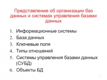 Информационные системы
База данных
Ключевые поля
Типы отношений
Системы