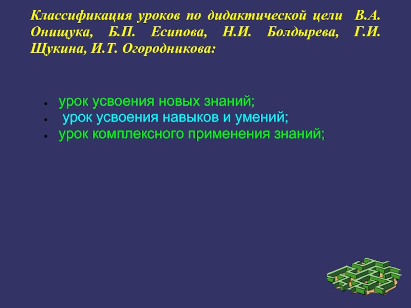 Классификация по дидактическим целям. Классификация уроков по дидактическим целям. Классификация Онищук. Классификация уроков Есипова.