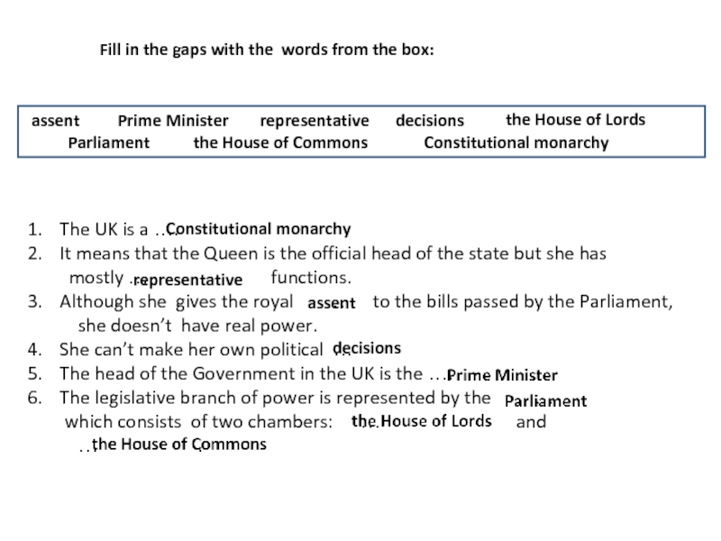 Fill in the gaps with the words from the box: Constitutional monarchyrepresentativeassentdecisionsPrime MinisterParliamentthe House of Lordsthe House