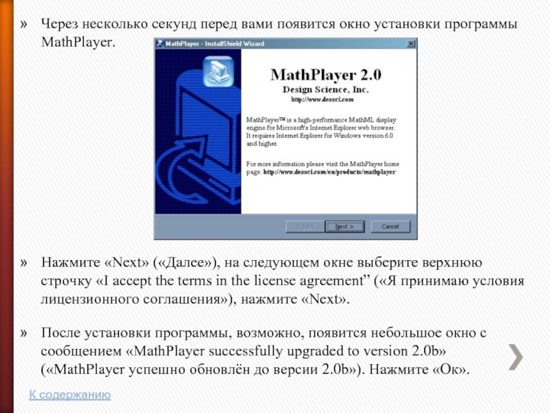 Через несколько секунд перед вами появится окно установки программы MathPlayer.Нажмите «Next» («Далее»), на следующем окне выберите верхнюю